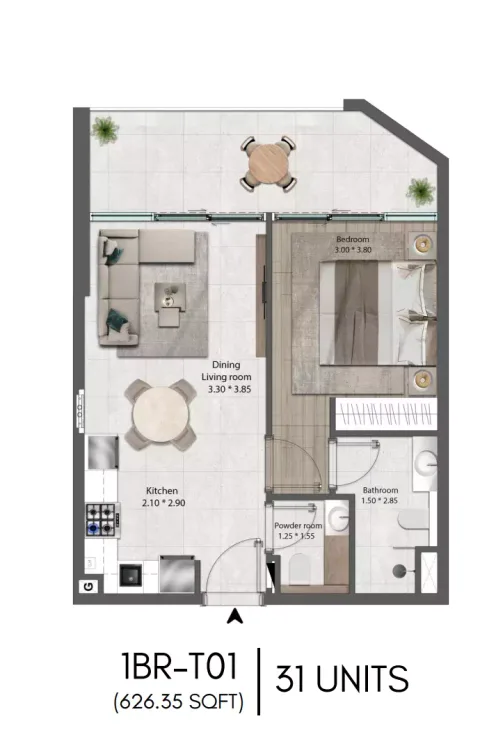 Floor plan, 1 Bed, 626 sq ft