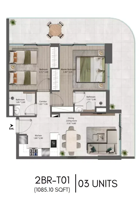 Floor plan, 2 Beds, 1,085 sq ft