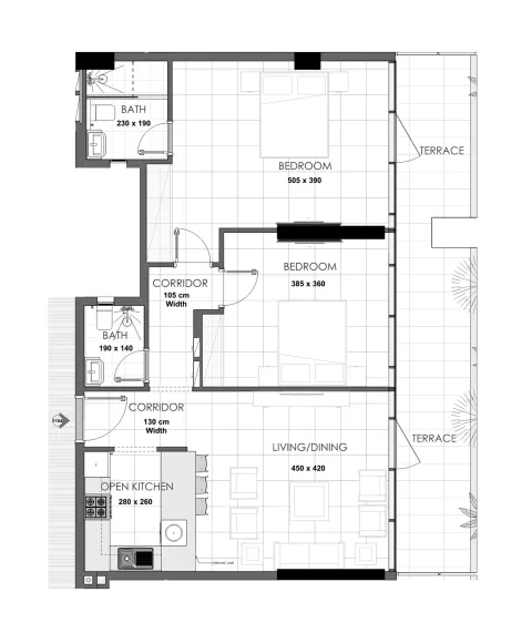Floor plan, 2 Beds, 1,270 sq ft