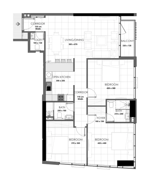 Floor plan, 3 Beds, 1,265 sq ft