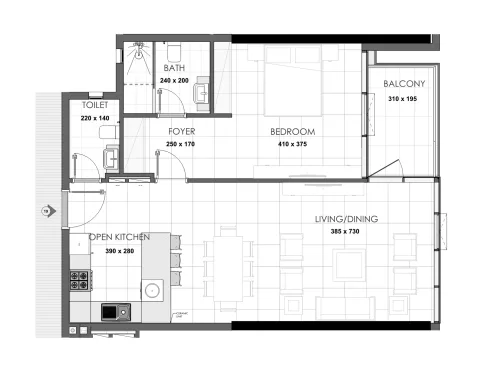 Floor plan, 1 Bed, 844 sq ft