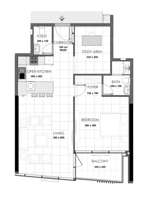 Floor plan, 1 Bed, 866 sq ft