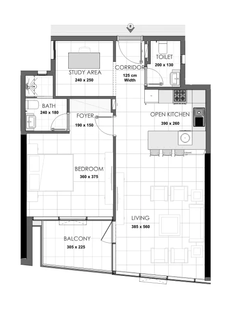 Floor plan, 1 Bed, 809 sq ft