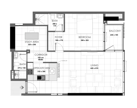 Floor plan, 1 Bed, 915 sq ft