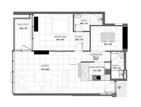 Floor plan, 1 Bed, 946 sq ft