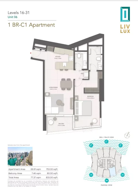 Floor plan, 1 Bed, 833 sq ft