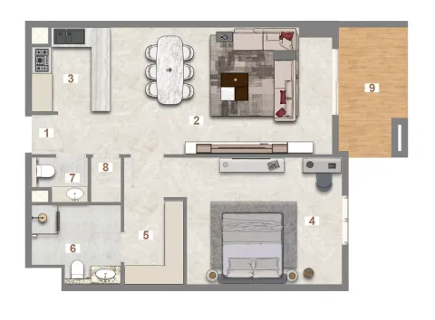 Floor plan, 1 Bed, 889 sq ft