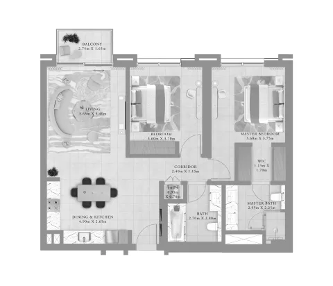 Floor plan, 2 Beds, 1,222 sq ft