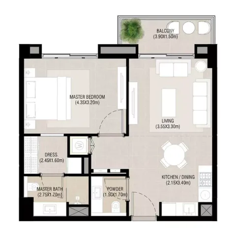 Floor plan, 1 Bed, 662 sq ft
