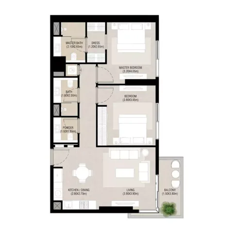 Floor plan, 2 Beds, 955 sq ft