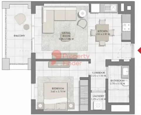 Floor plan, 1 Bed, 687 sq ft