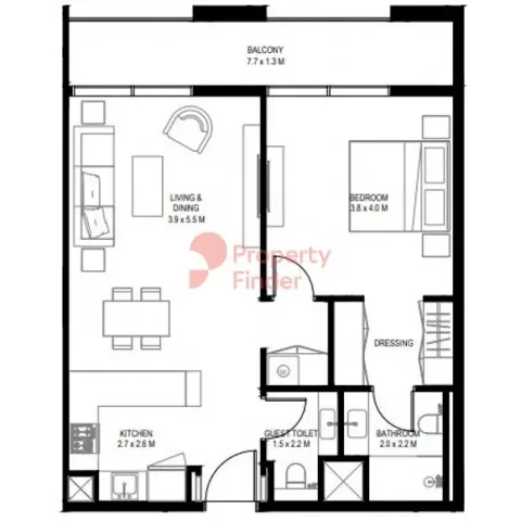 Floor plan, 1 Bed, 827 sq ft