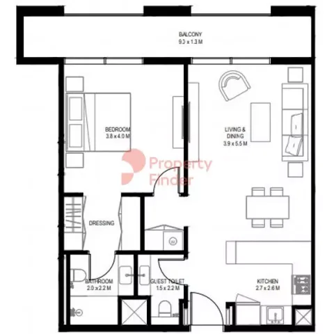 Floor plan, 1 Bed, 855 sq ft