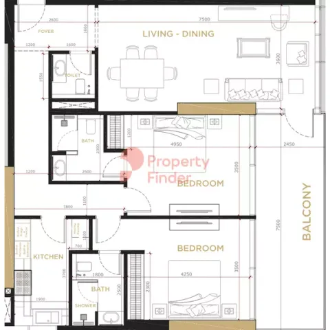 Floor plan, 2 Beds, 1,306 sq ft