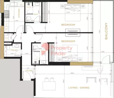 Floor plan, 2 Beds, 1,430 sq ft