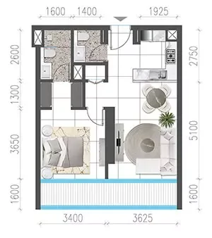Floor plan, 1 Bed, 744 sq ft