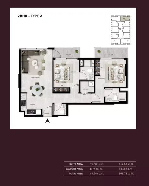 Floor plan, 2 Beds, 906 sq ft
