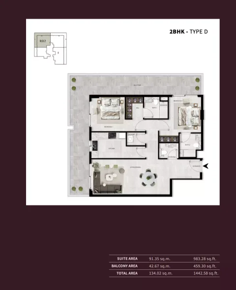 Floor plan, 2 Beds, 1,442 sq ft