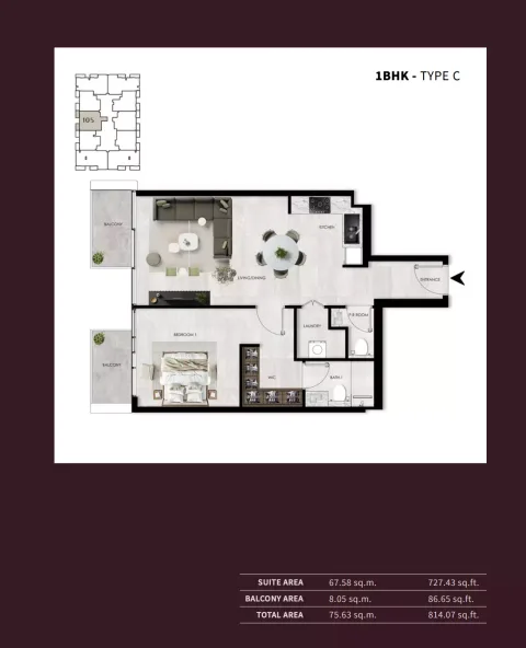 Floor plan, 1 Bed, 814 sq ft