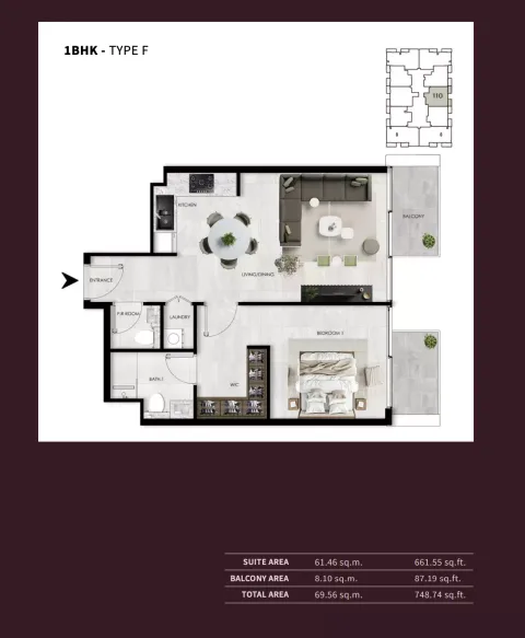 Floor plan, 1 Bed, 748 sq ft