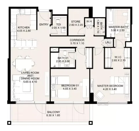 Floor plan, 2 Beds, 1,497 sq ft