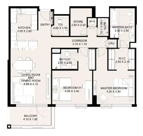 Floor plan, 2 Beds, 1,407 sq ft