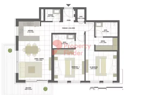 Floor plan, 1 Bed, 886 sq ft