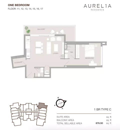 Floor plan, 1 Bed, 876 sq ft