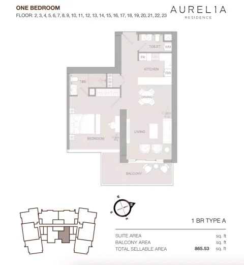 Floor plan, 1 Bed, 865 sq ft