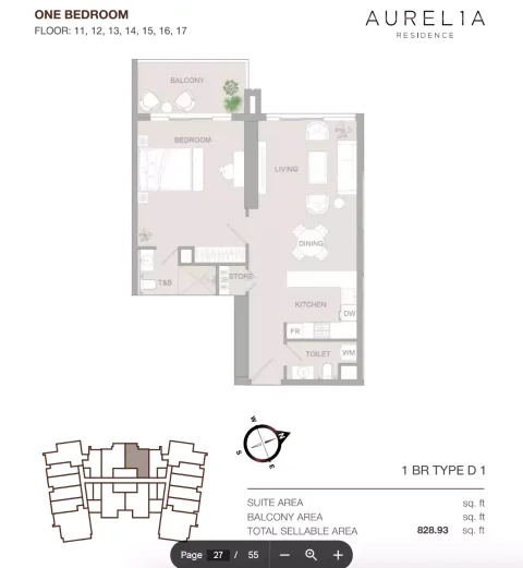 Floor plan, 1 Bed, 828 sq ft