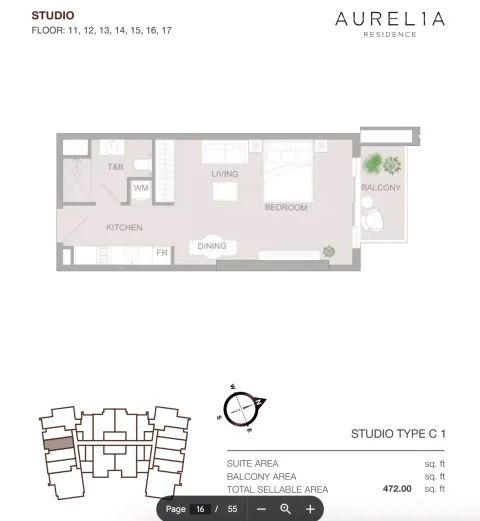 Floor plan, Studio, 472 sq ft