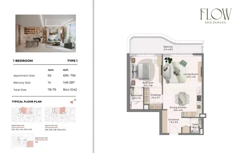 Floor plan, 1 Bed, 844 sq ft