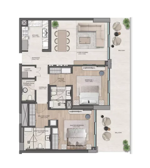 Floor plan, 2 Beds, 1,232 sq ft