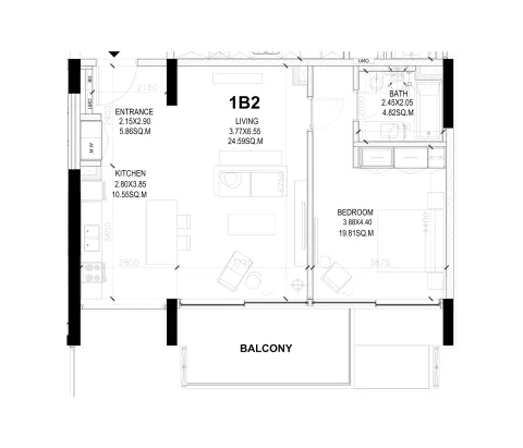 Floor plan, 1 Bed, 933 sq ft
