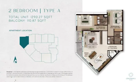 Floor plan, 2 Beds, 1,290 sq ft