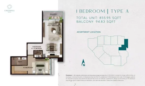 Floor plan, 1 Bed, 855 sq ft