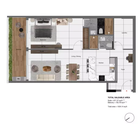 Floor plan, 1 Bed, 1,024 sq ft