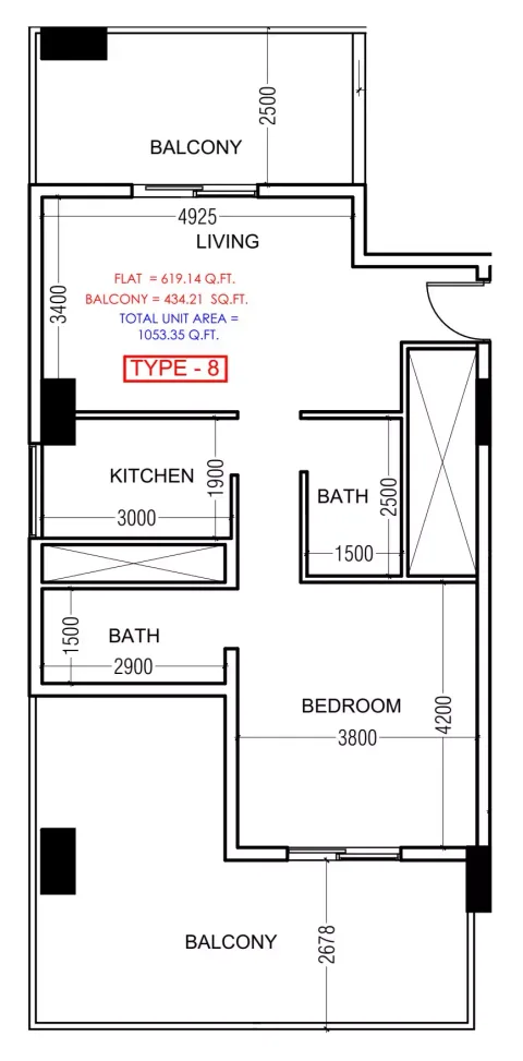 Floor plan, 1 Bed, 619 sq ft