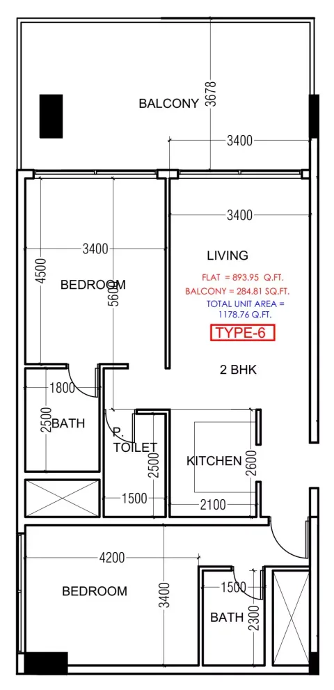 Floor plan, 2 Beds, 893 sq ft