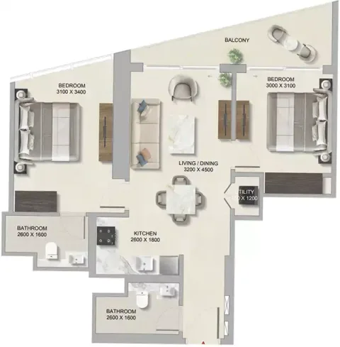 Floor plan, 2 Beds, 853 sq ft