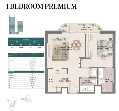 Floor plan, 1 Bed, 788 sq ft