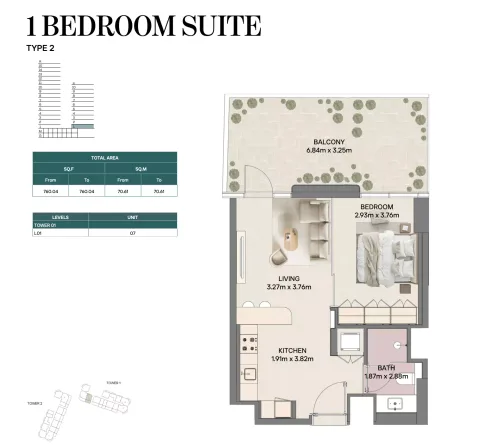 Floor plan, 1 Bed, 760 sq ft