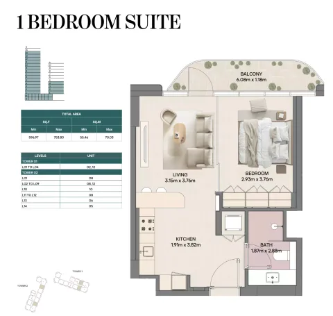 Floor plan, 1 Bed, 596 sq ft