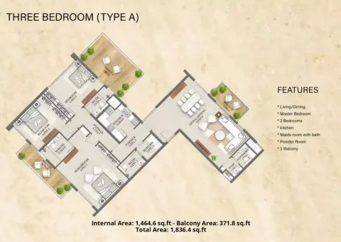Floor plan, 3 Beds, 1,836 sq ft