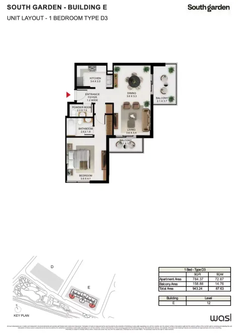 Floor plan, 1 Bed, 943 sq ft