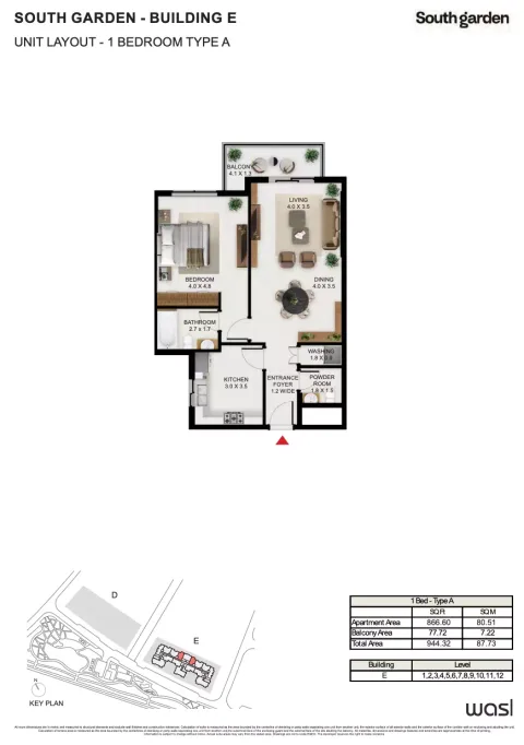 Floor plan, 1 Bed, 944 sq ft