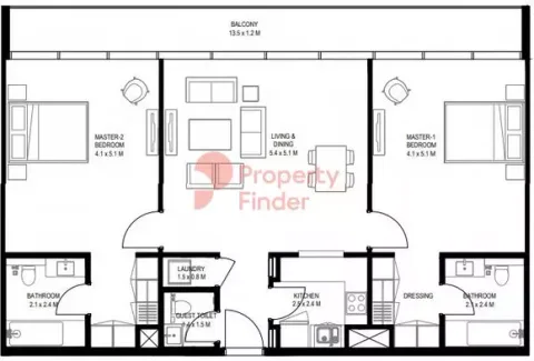 Floor plan, 2 Beds, 1,365 sq ft