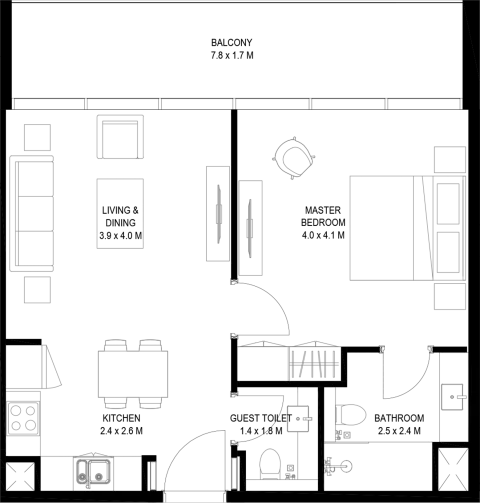 Floor plan, 1 Bed, 766 sq ft