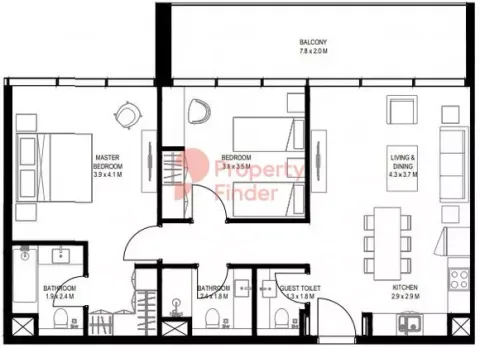 Floor plan, 2 Beds, 1,101 sq ft