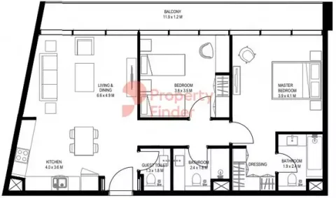 Floor plan, 2 Beds, 1,133 sq ft